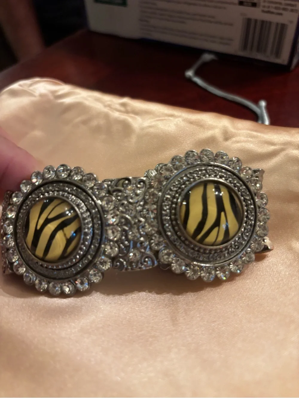 Yellow Zebra Glass Cabochon Statement Bracelet - Unbranded